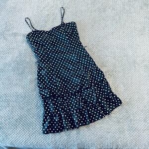 vtg retro y2k silky black polka dot rouched 80s style mini cocktail dress y2k